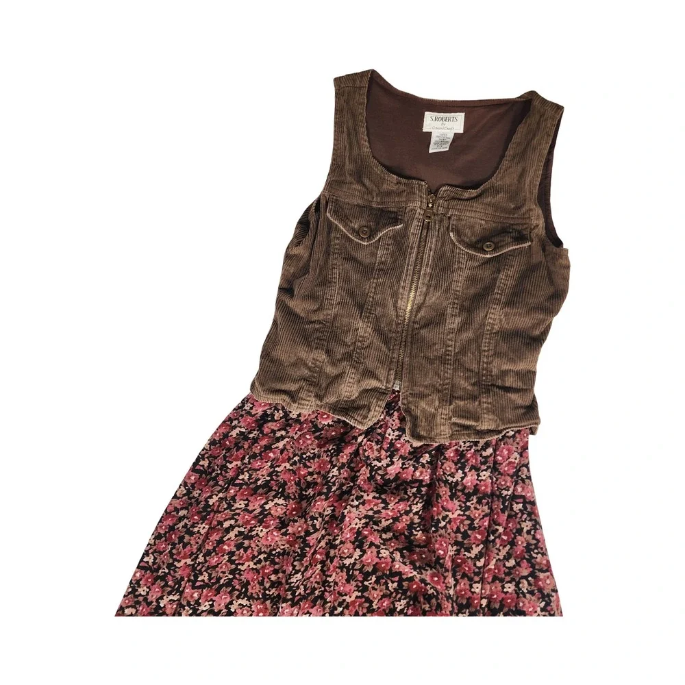 S. Roberts Vintage 90s Corduroy Floral Mixed‎ Midi Dress Brown Pink Friends 5/6